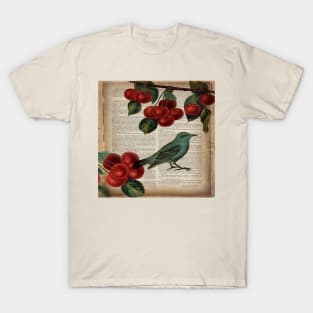 dark academia teal bird botanical cherry T-Shirt